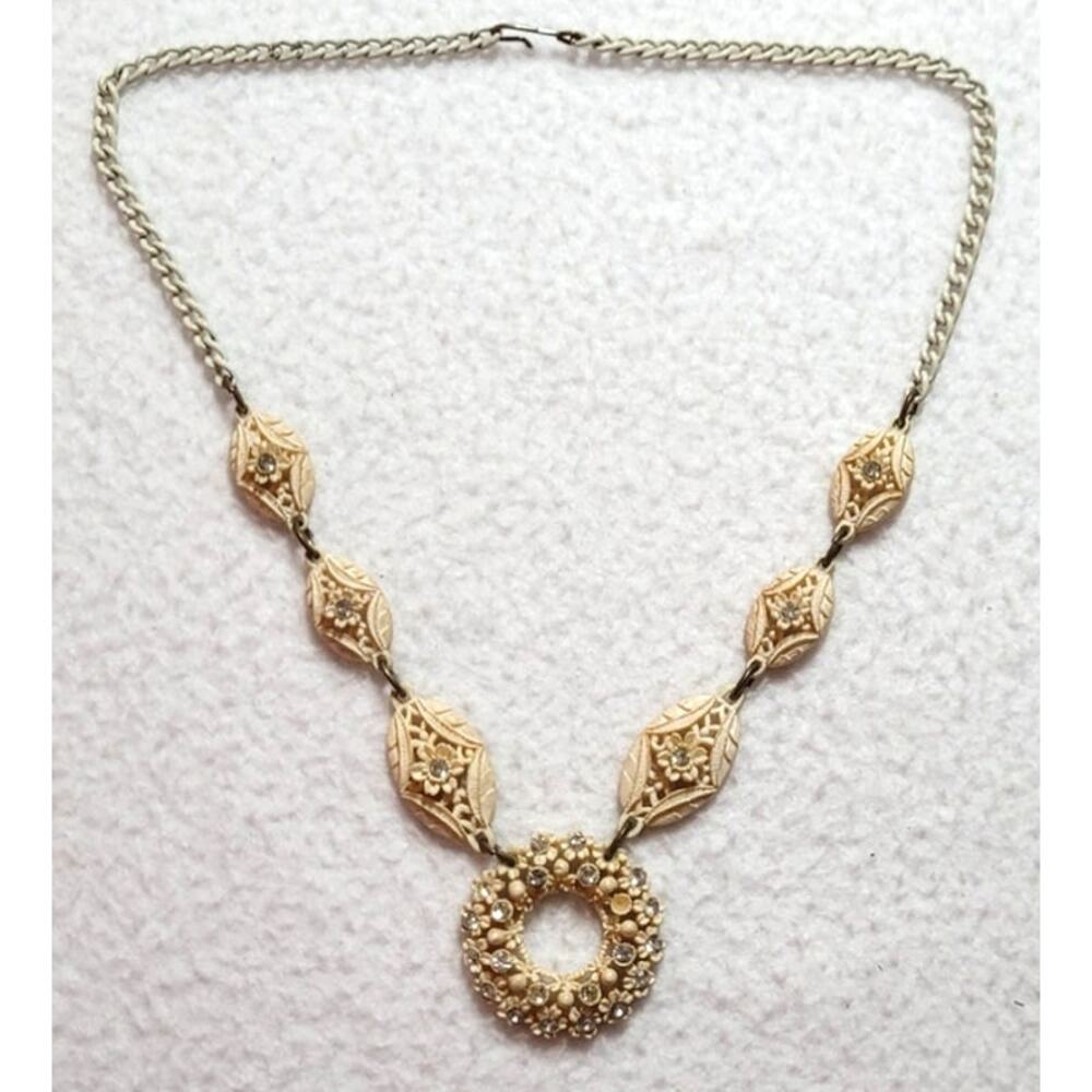 Antique 20s 30s Carved Celluloid Cream Necklace Rhinestones Carved Ornate Lacy